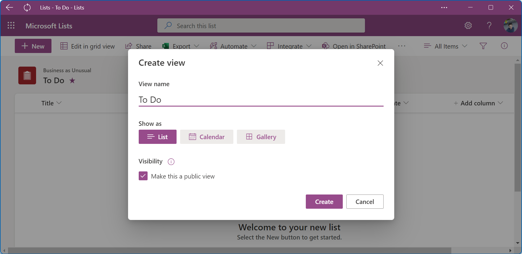Create a Microsoft Lists new view